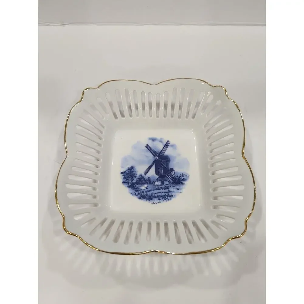 Royal Tri Ever Blue Windmill Porcelain Hand Painted Decorative Basket Bowl